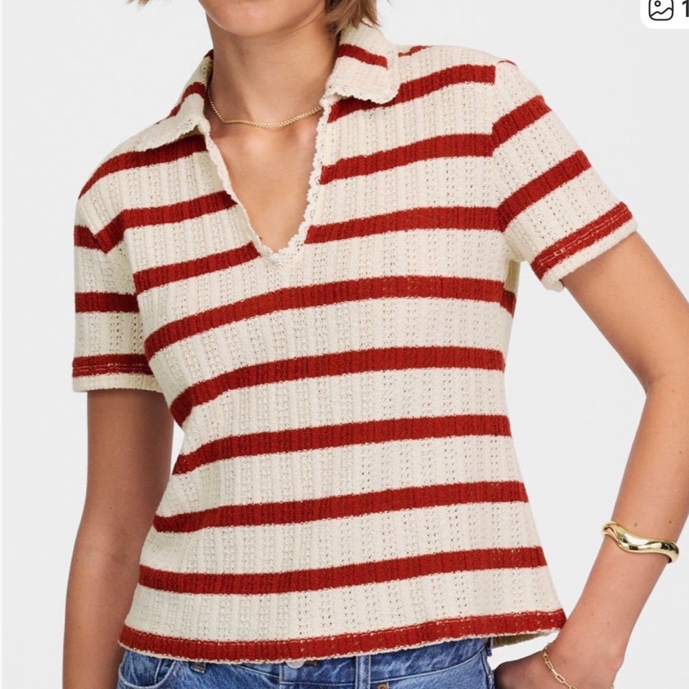 Madewell crochet V-Neck Striped Sweater - Cream and Red